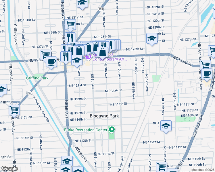 map of restaurants, bars, coffee shops, grocery stores, and more near 935 Northeast 121st Street in North Miami