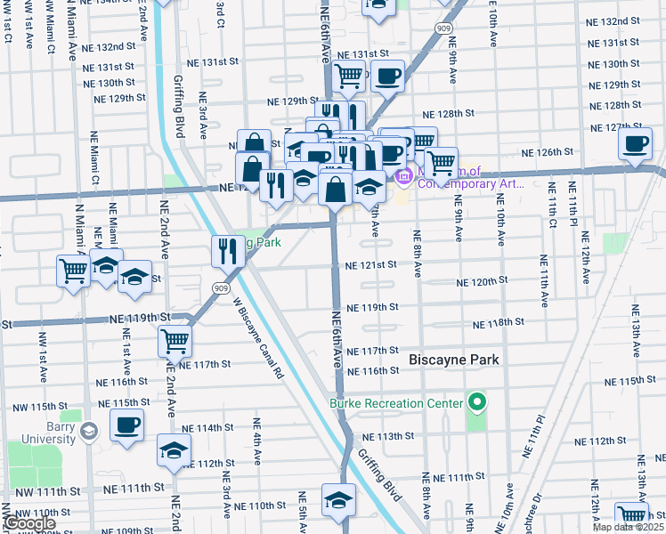 map of restaurants, bars, coffee shops, grocery stores, and more near 579 Northeast 121st Street in North Miami