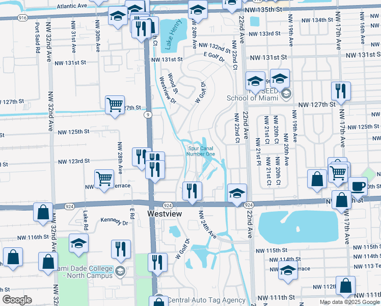 map of restaurants, bars, coffee shops, grocery stores, and more near 12301-12399 West Golf Drive in Miami