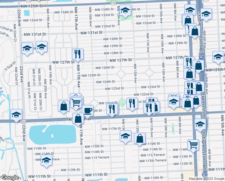 map of restaurants, bars, coffee shops, grocery stores, and more near 1325 Northwest 123rd Street in North Miami