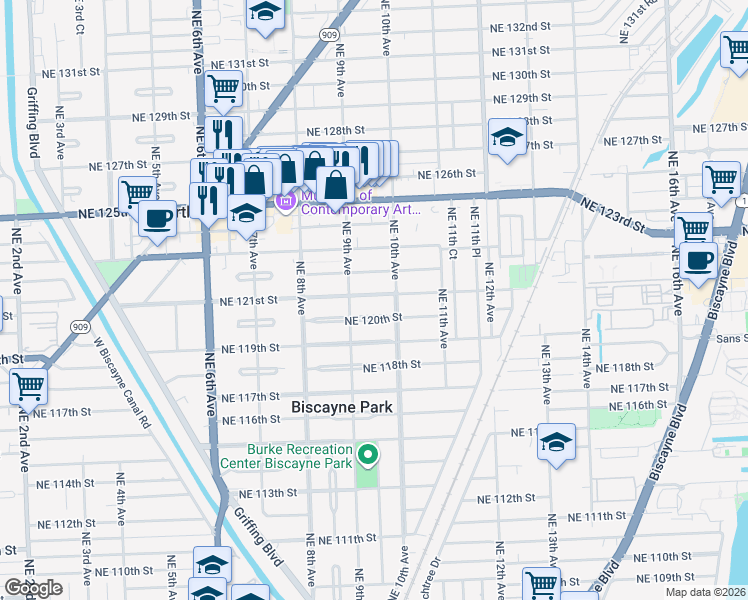map of restaurants, bars, coffee shops, grocery stores, and more near 935 Northeast 121st Street in North Miami