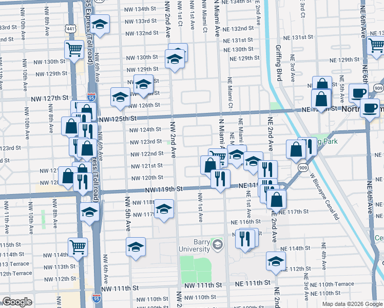 map of restaurants, bars, coffee shops, grocery stores, and more near 80 Northwest 122nd Street in North Miami