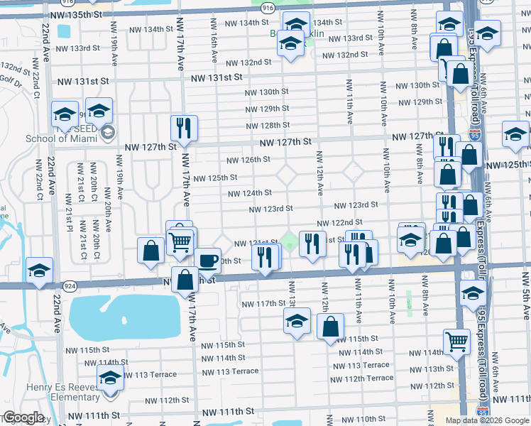 map of restaurants, bars, coffee shops, grocery stores, and more near 1325 Northwest 123rd Street in North Miami
