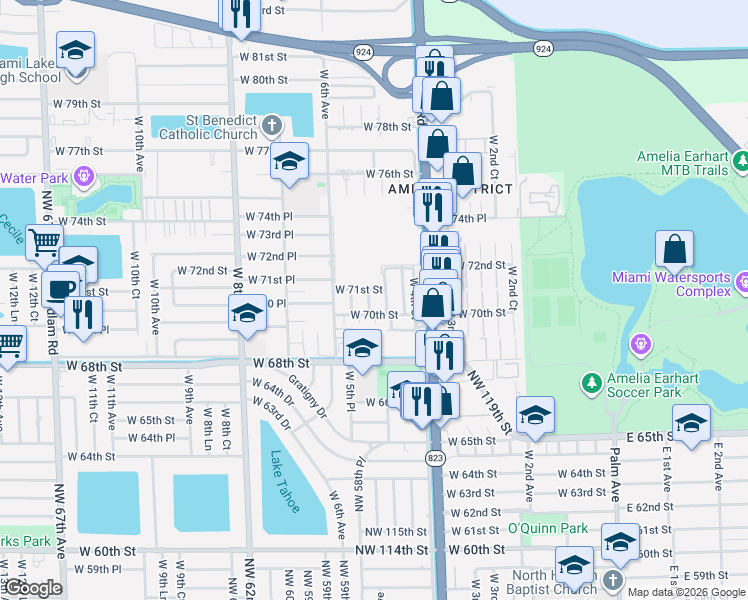 map of restaurants, bars, coffee shops, grocery stores, and more near 7094 West 4th Way in Hialeah