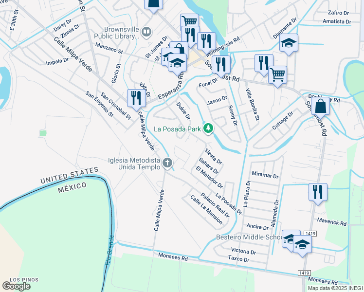 map of restaurants, bars, coffee shops, grocery stores, and more near 1415 Fiesta Drive in Brownsville
