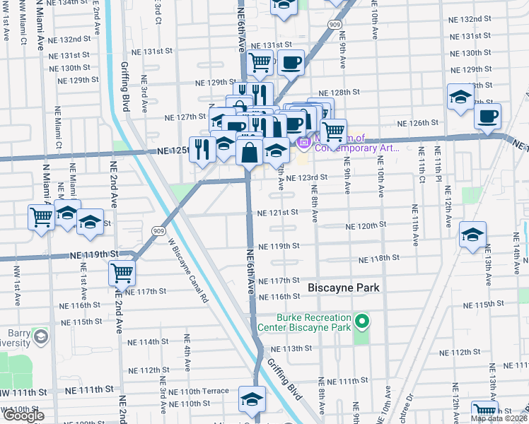 map of restaurants, bars, coffee shops, grocery stores, and more near 645 Northeast 121st Street in North Miami