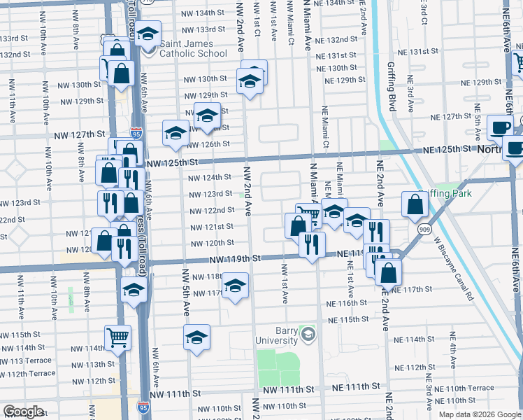 map of restaurants, bars, coffee shops, grocery stores, and more near 170 Northwest 122nd Street in North Miami