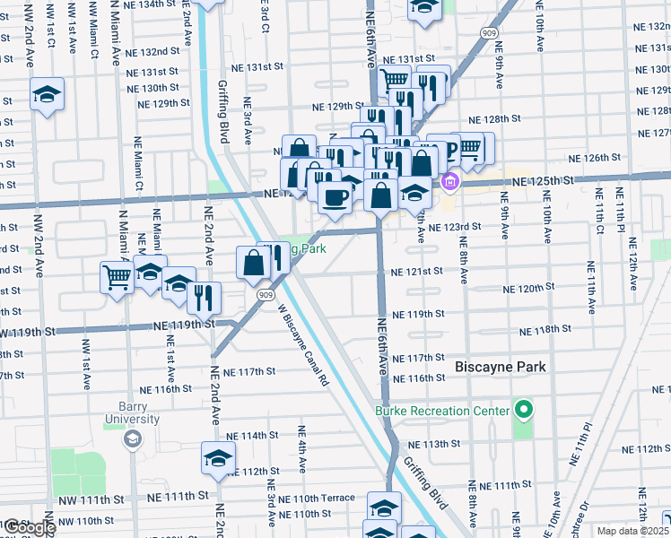 map of restaurants, bars, coffee shops, grocery stores, and more near in North Miami