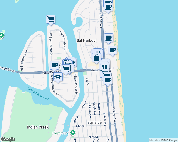 map of restaurants, bars, coffee shops, grocery stores, and more near 655 96th Street in Bal Harbour
