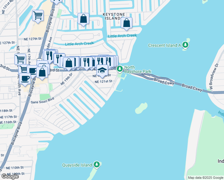 map of restaurants, bars, coffee shops, grocery stores, and more near 12000 North Bayshore Drive in North Miami