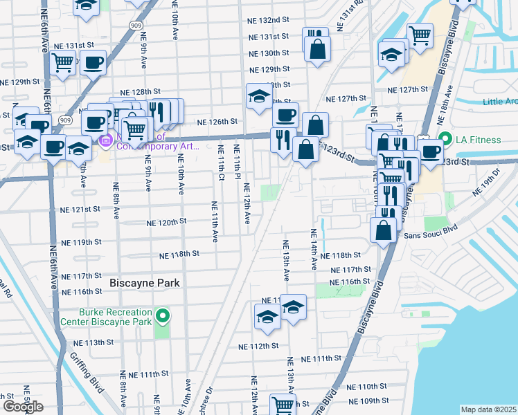 map of restaurants, bars, coffee shops, grocery stores, and more near 12020 Northeast 12th Court in Biscayne Park