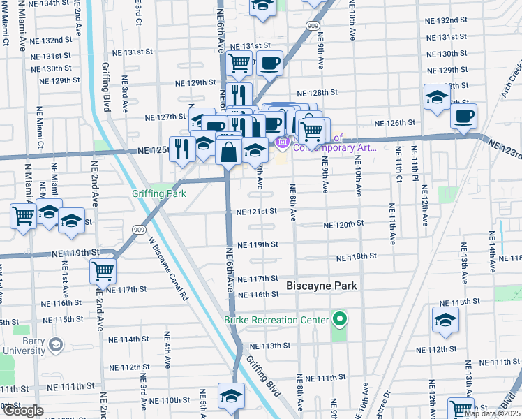 map of restaurants, bars, coffee shops, grocery stores, and more near 721 Northeast 121st Street in North Miami