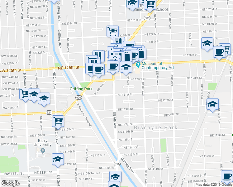map of restaurants, bars, coffee shops, grocery stores, and more near 645 Northeast 121st Street in North Miami