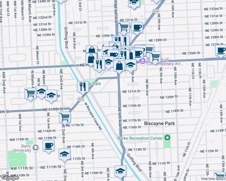 map of restaurants, bars, coffee shops, grocery stores, and more near 579 Northeast 121st Street in North Miami