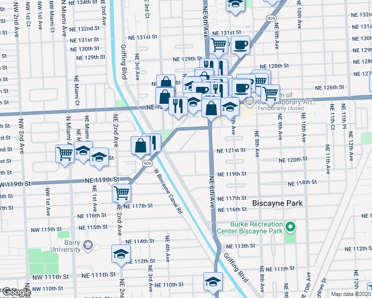map of restaurants, bars, coffee shops, grocery stores, and more near in North Miami