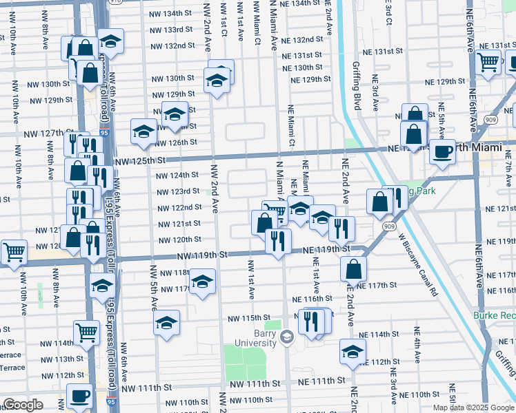 map of restaurants, bars, coffee shops, grocery stores, and more near 80 Northwest 122nd Street in North Miami