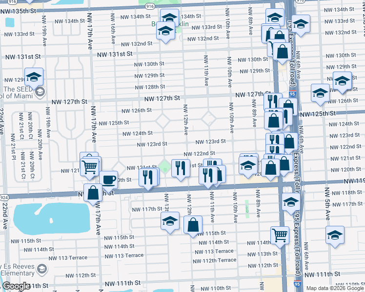 map of restaurants, bars, coffee shops, grocery stores, and more near 1180 Northwest 123rd Street in North Miami