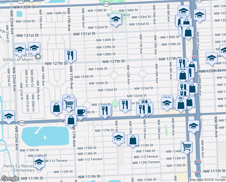 map of restaurants, bars, coffee shops, grocery stores, and more near 1325 Northwest 123rd Street in North Miami