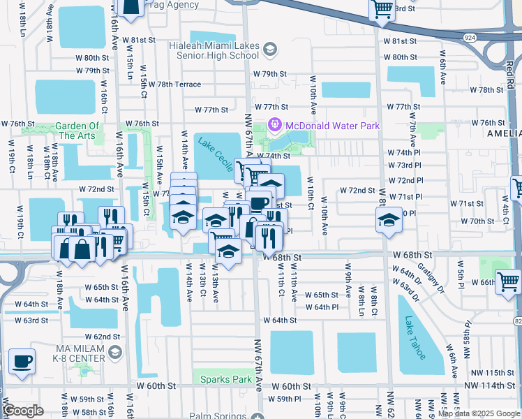map of restaurants, bars, coffee shops, grocery stores, and more near 42 West 71st Street in Hialeah