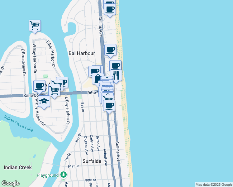 map of restaurants, bars, coffee shops, grocery stores, and more near in Bal Harbour