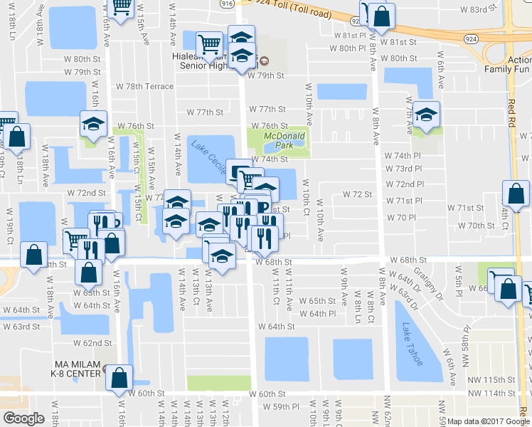 map of restaurants, bars, coffee shops, grocery stores, and more near 1164 West 71st Street in Hialeah