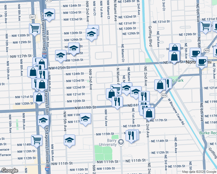 map of restaurants, bars, coffee shops, grocery stores, and more near 80 Northwest 122nd Street in North Miami