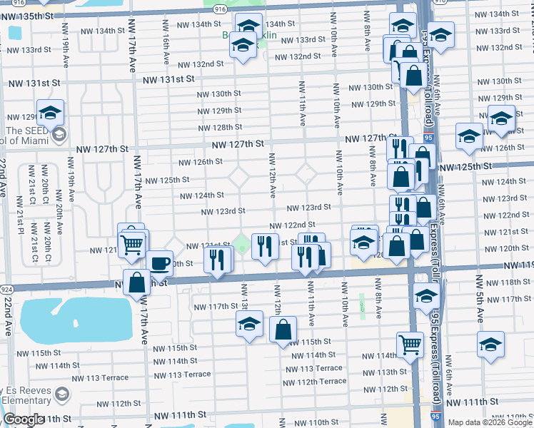 map of restaurants, bars, coffee shops, grocery stores, and more near 1180 Northwest 123rd Street in North Miami