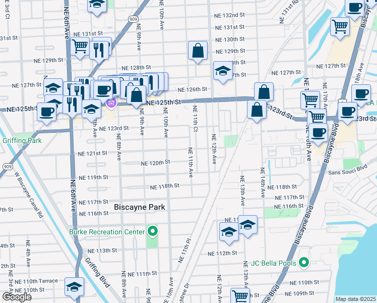 map of restaurants, bars, coffee shops, grocery stores, and more near 1070 Northeast 121st Street in Biscayne Park
