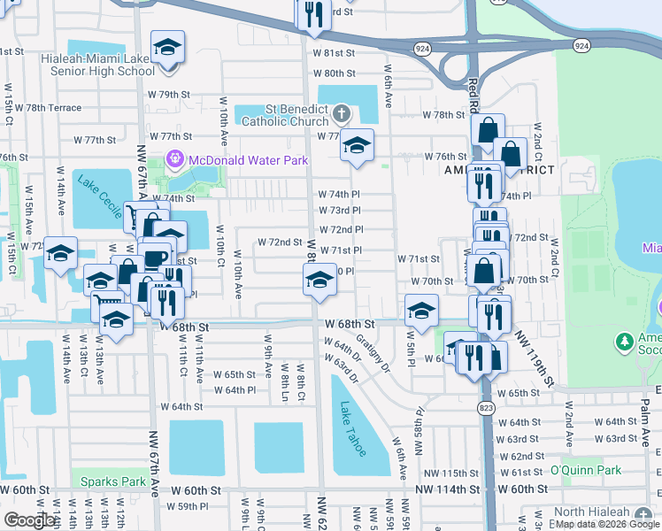 map of restaurants, bars, coffee shops, grocery stores, and more near in Hialeah
