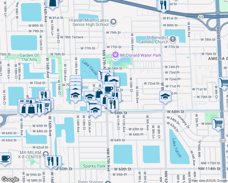 map of restaurants, bars, coffee shops, grocery stores, and more near 42 West 71st Street in Hialeah