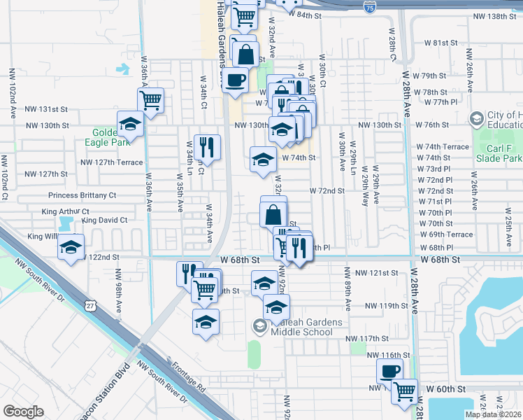 map of restaurants, bars, coffee shops, grocery stores, and more near 3253 West 70th Terrace in Hialeah