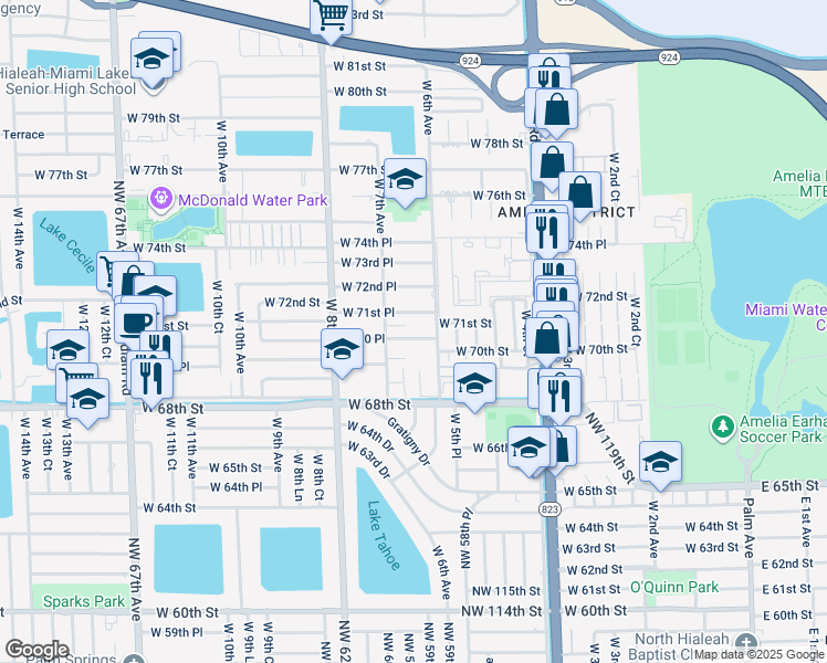 map of restaurants, bars, coffee shops, grocery stores, and more near 655 West 70 Place in Hialeah