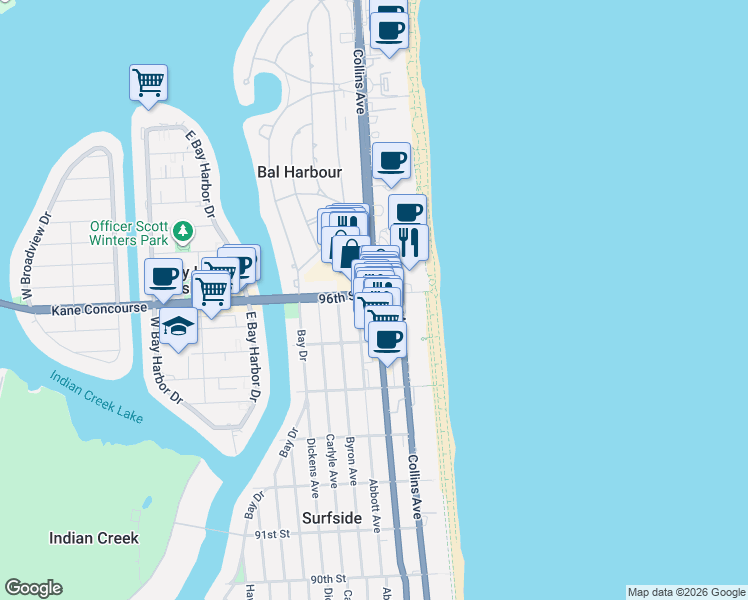 map of restaurants, bars, coffee shops, grocery stores, and more near 9592 Harding Avenue in Surfside