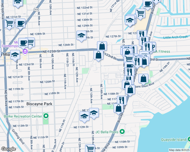 map of restaurants, bars, coffee shops, grocery stores, and more near 12050 Northeast 14th Avenue in North Miami
