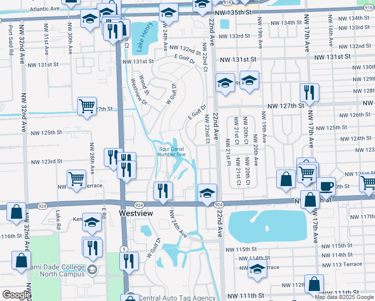 map of restaurants, bars, coffee shops, grocery stores, and more near 12441 East Golf Drive in Miami