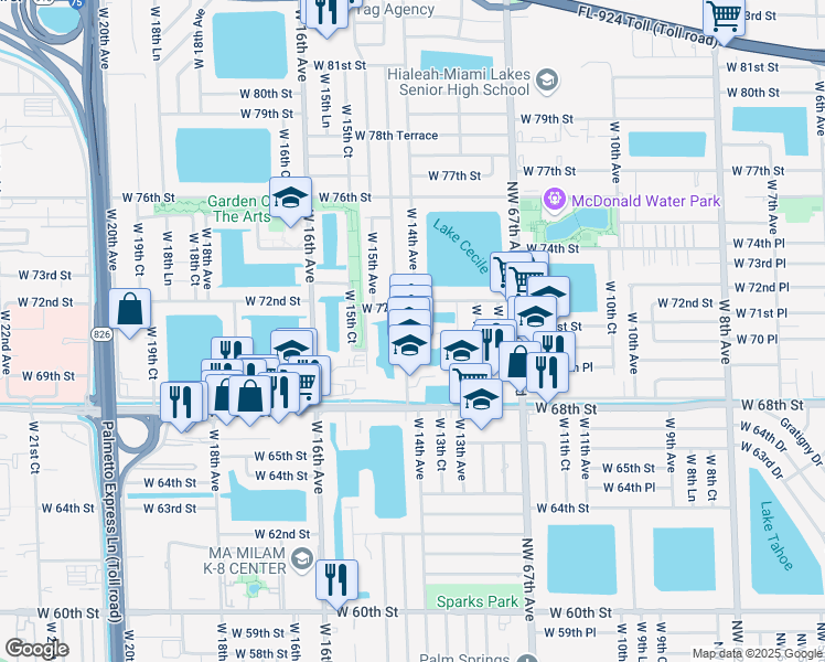 map of restaurants, bars, coffee shops, grocery stores, and more near 7091 West 14th Court in Hialeah