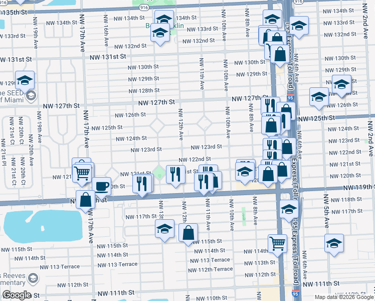 map of restaurants, bars, coffee shops, grocery stores, and more near 1180 Northwest 123rd Street in North Miami