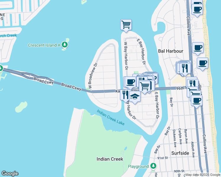 map of restaurants, bars, coffee shops, grocery stores, and more near 1260 97th Street in Bay Harbor Islands