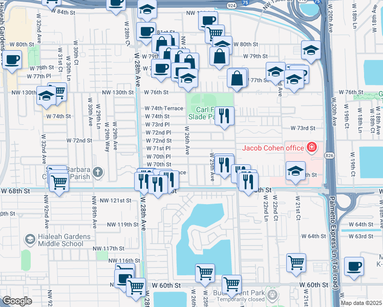 map of restaurants, bars, coffee shops, grocery stores, and more near 2589 West 70th Place in Hialeah