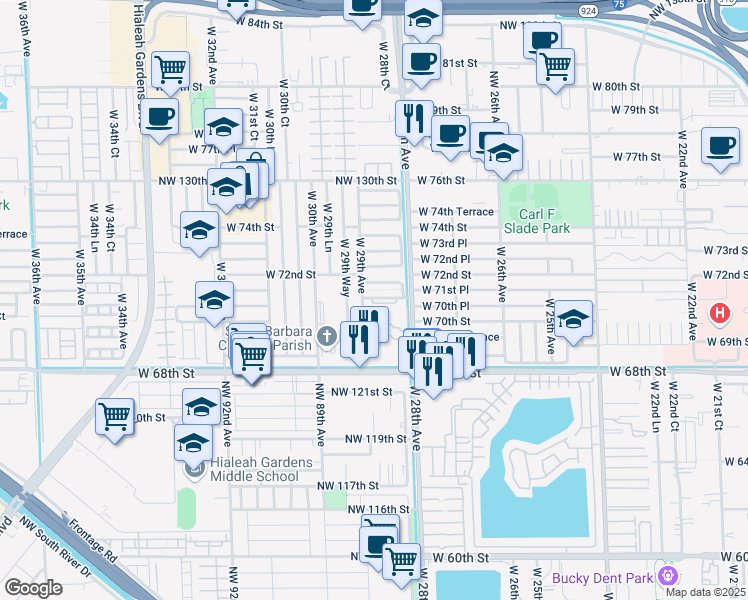 map of restaurants, bars, coffee shops, grocery stores, and more near 2890 West 71st Street in Hialeah
