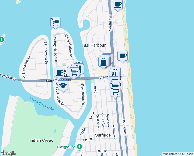 map of restaurants, bars, coffee shops, grocery stores, and more near 655 96th Street in Bal Harbour