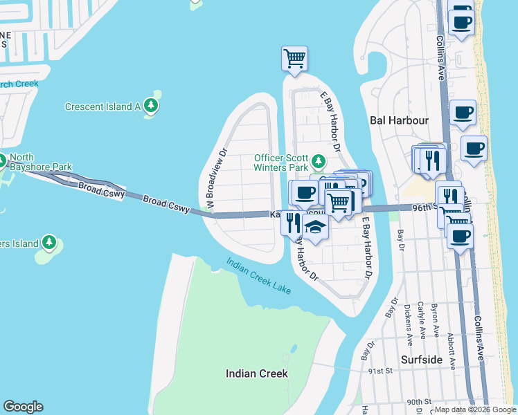 map of restaurants, bars, coffee shops, grocery stores, and more near 1260 97th Street in Bay Harbor Islands