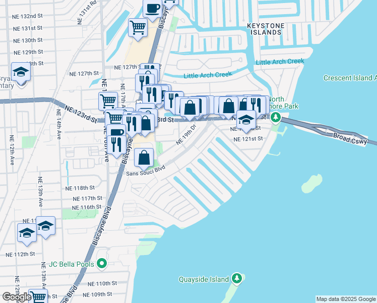 map of restaurants, bars, coffee shops, grocery stores, and more near 1900 Sans Souci Boulevard in North Miami