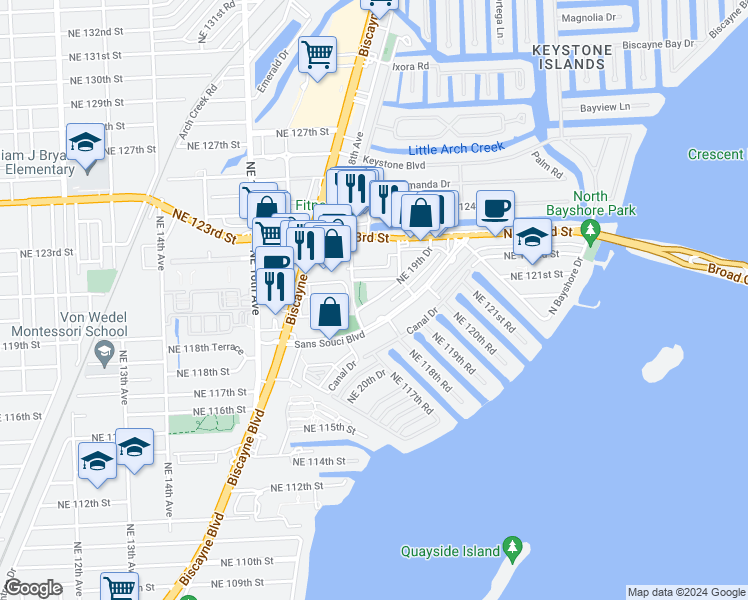 map of restaurants, bars, coffee shops, grocery stores, and more near 18 Northeast 19th Drive in North Miami