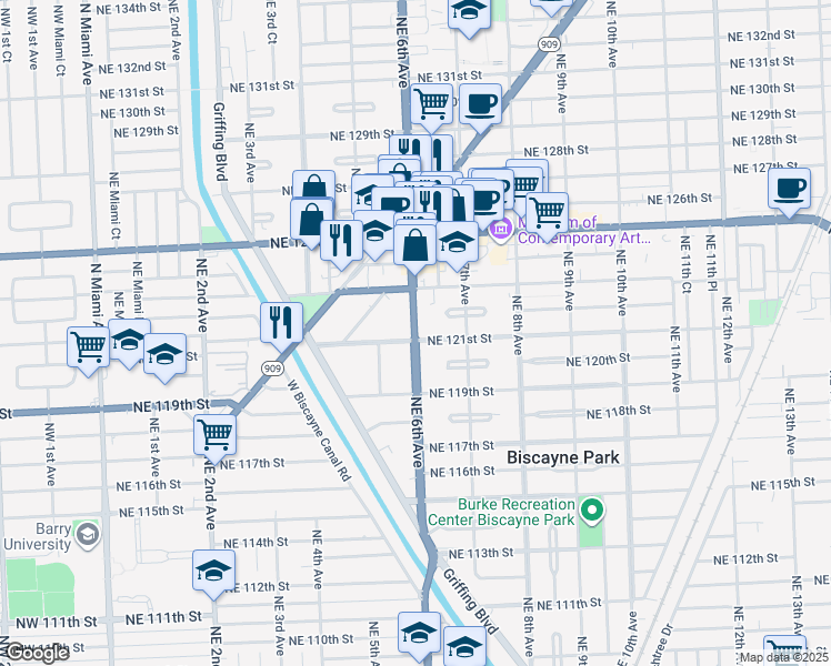map of restaurants, bars, coffee shops, grocery stores, and more near 579 Northeast 121st Street in North Miami
