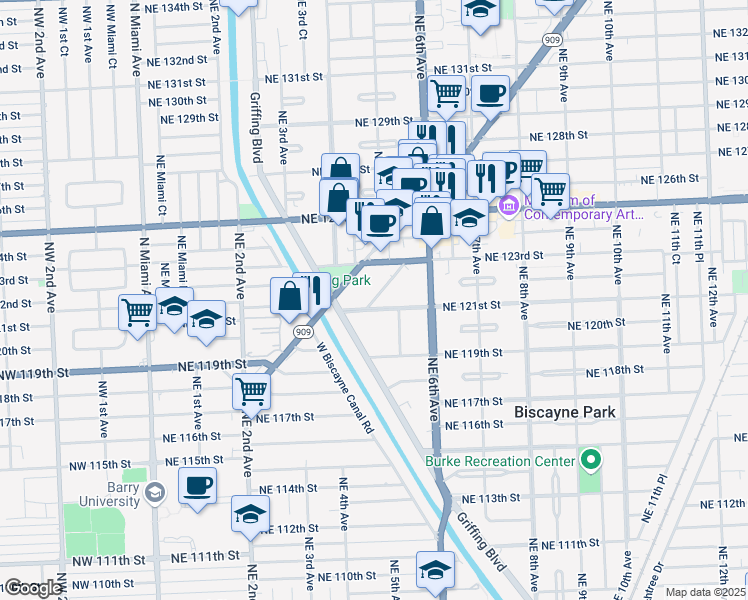 map of restaurants, bars, coffee shops, grocery stores, and more near in North Miami
