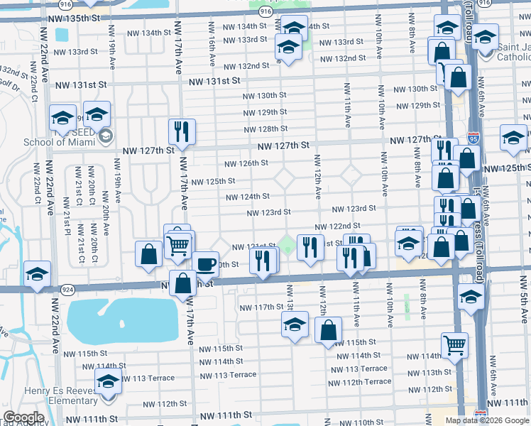 map of restaurants, bars, coffee shops, grocery stores, and more near 1325 Northwest 123rd Street in North Miami