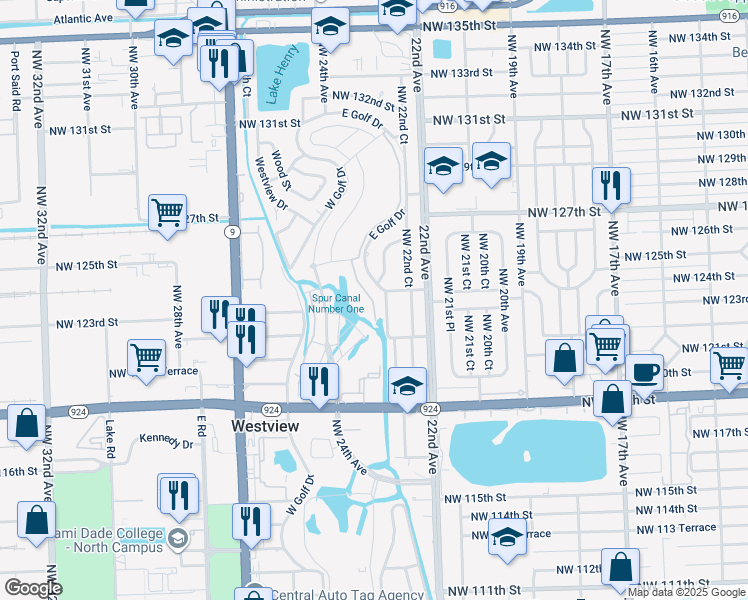 map of restaurants, bars, coffee shops, grocery stores, and more near 12441 East Golf Drive in Miami