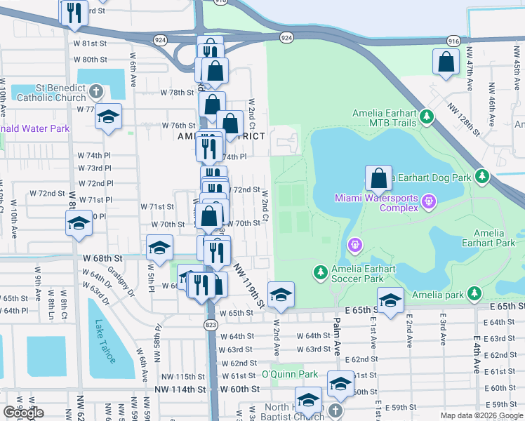 map of restaurants, bars, coffee shops, grocery stores, and more near 7105 West 2nd Court in Hialeah