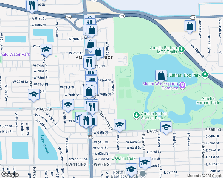 map of restaurants, bars, coffee shops, grocery stores, and more near 7105 West 2nd Court in Hialeah
